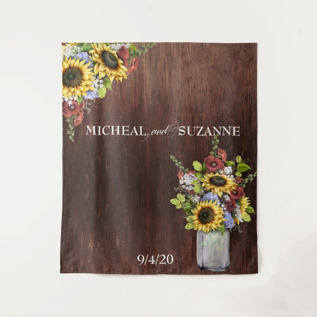 Wedding Backdrop Sunflower Mason Jar Burgundy Tapestry (Front)