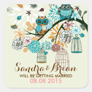 Wedding Background Cute Owl Pair On Tree-Brunch 2 Square Sticker