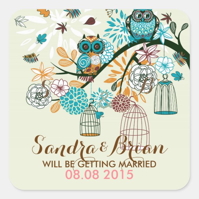 Wedding Background Cute Owl Pair On Tree-Brunch 2 Square Sticker (Front)