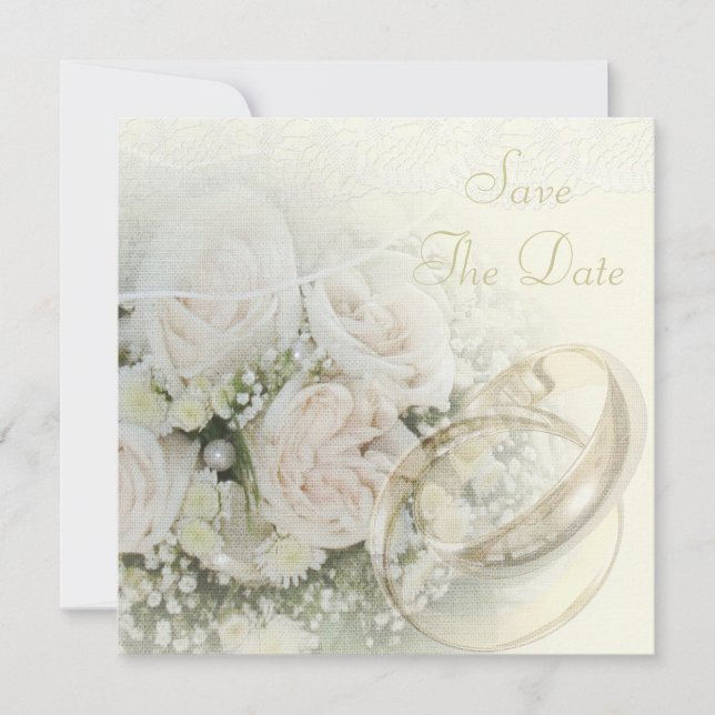 Wedding Bands, Roses, Doves & Lace Save The Date (Front)