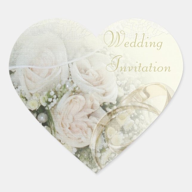 Wedding Bands, Roses & Lace Wedding Invitation Heart Sticker (Front)