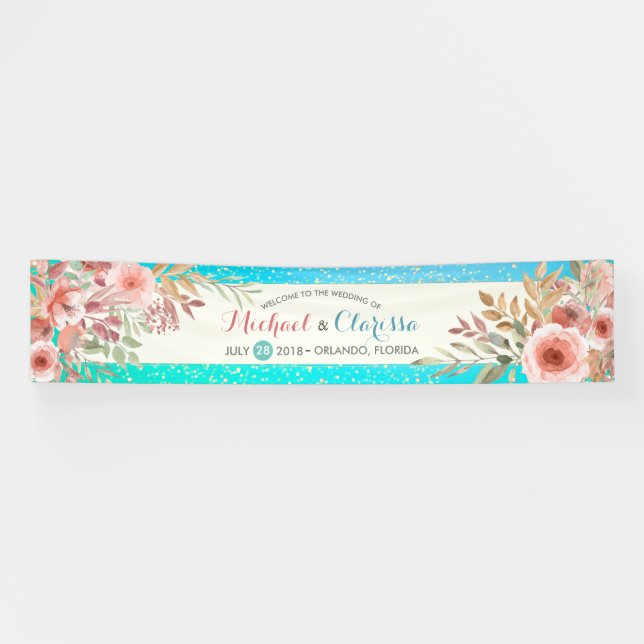 Wedding Banner Elegant Pink Floral Teal Gold Dots (Horizontal)