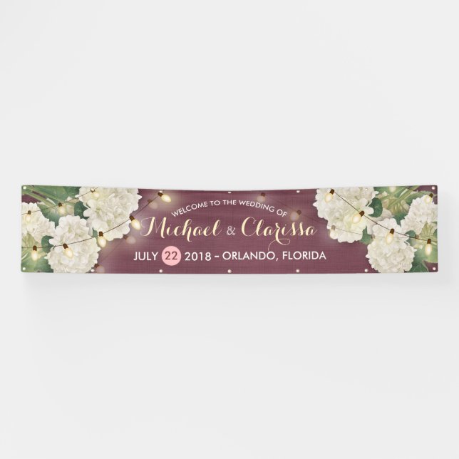Wedding Banner Hydrangea Flowers String Lights Red (Horizontal)