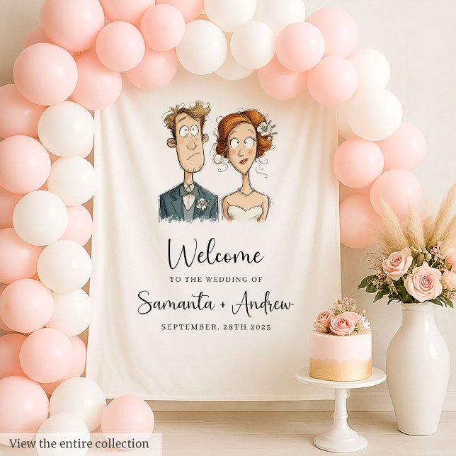 Wedding Banner Watercolor Newlyweds Quirky Couple  Tapestry (Wedding Banner Watercolor Newlyweds Quirky Couple Style)