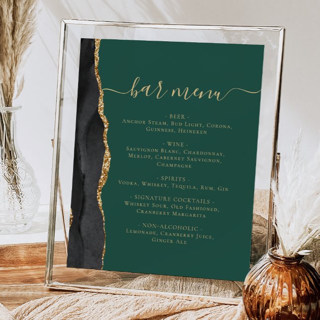 Wedding Bar Menu Black Gold Agate Emerald Green Poster (Creator Uploaded)