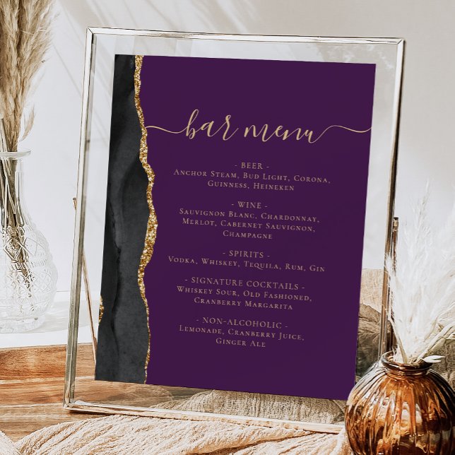 Wedding Bar Menu Black Gold Agate Purple Poster (Creator Uploaded)