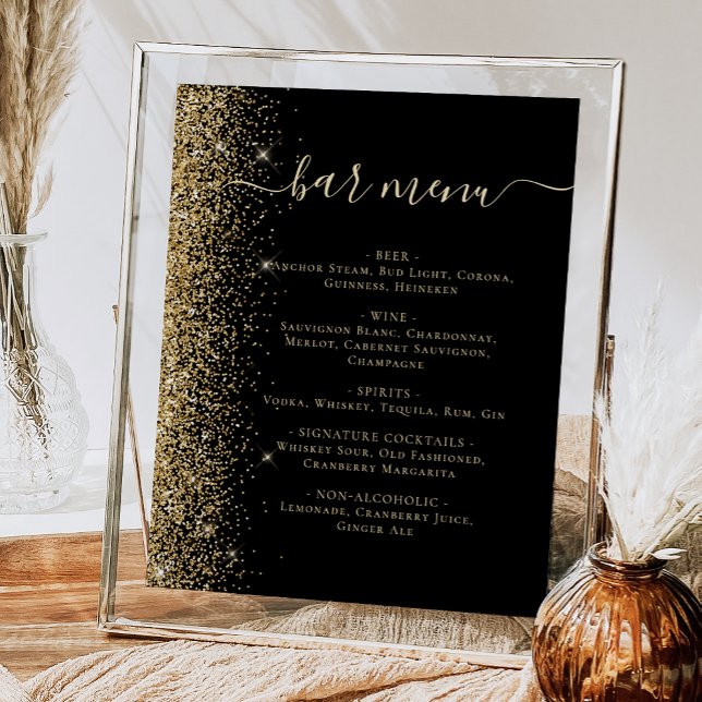 Wedding Bar Menu Black Gold Glitter Poster (Creator Uploaded)