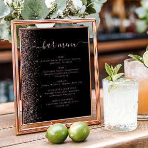 Wedding Bar Menu Black Rose Gold Glitter Poster