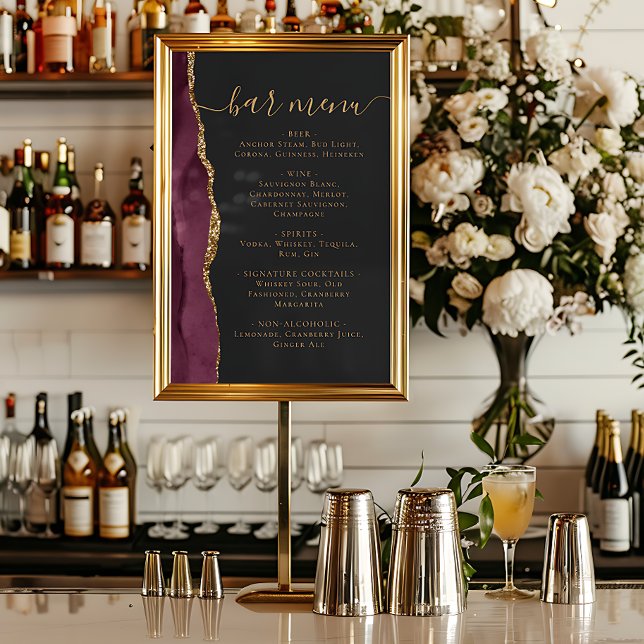 Wedding Bar Menu Burgundy Gold Agate Dark Poster (Creator Uploaded)