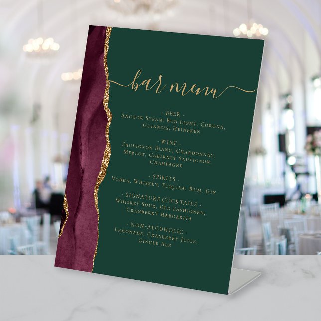 Wedding Bar Menu Burgundy Gold Agate Green Pedestal Sign (Creator Uploaded)