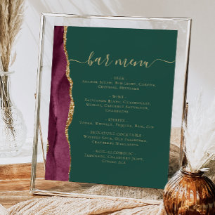 Wedding Bar Menu Burgundy Gold Agate Green Poster