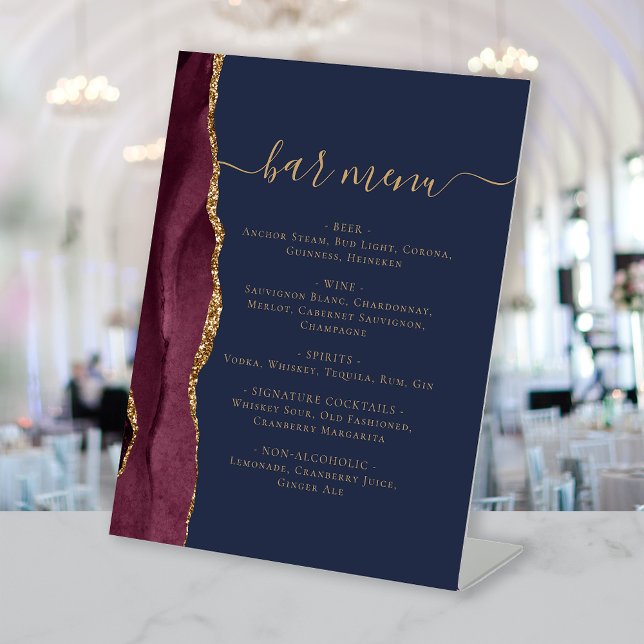 Wedding Bar Menu Burgundy Gold Agate Navy Blue Pedestal Sign (Creator Uploaded)