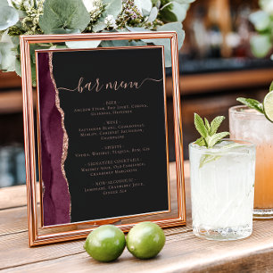 Wedding Bar Menu Burgundy Rose Gold Agate Dark Poster