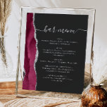 Wedding Bar Menu Burgundy Silver Agate Dark Poster<br><div class="desc">An elegant sign for your wedding bar menu. The words "bar menu" appears in silver grey handwriting calligraphy with swashes at the beginning and end, with customisable text below. A burgundy watercolor agate design trimmed with silver faux glitter decorates the left border on a slate black background. See our collection...</div>