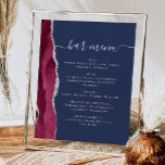 Wedding Bar Menu Burgundy Silver Agate Navy Blue Poster<br><div class="desc">An elegant sign for your wedding bar menu. The words "bar menu" appears in silver gray handwriting calligraphy with swashes at the beginning and end, with customizable text below. A burgundy watercolor agate design trimmed with silver faux glitter decorates the left border on a navy blue background. See our collection...</div>