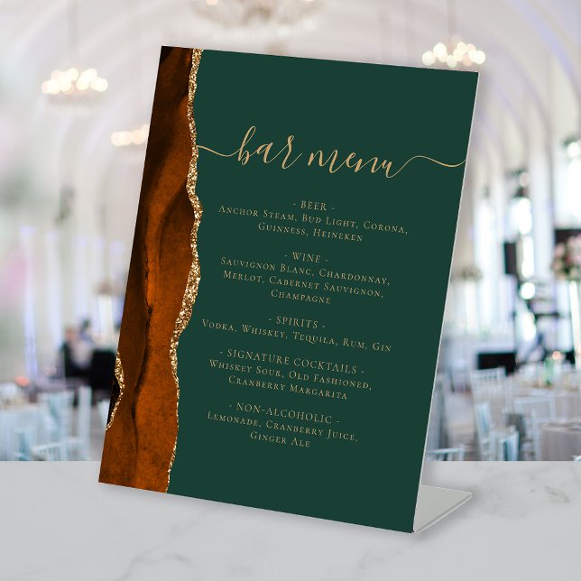 Wedding Bar Menu Burnt Orange Gold Agate Green Pedestal Sign (Creator Uploaded)