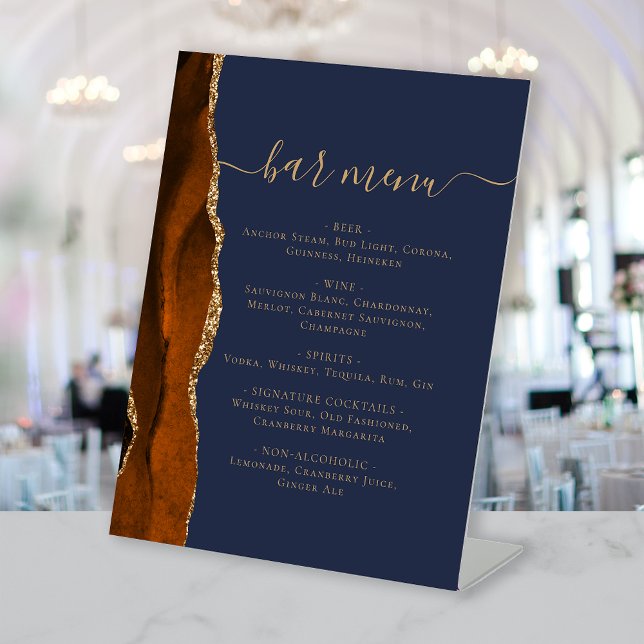 Wedding Bar Menu Burnt Orange Gold Agate Navy Blue Pedestal Sign (Creator Uploaded)