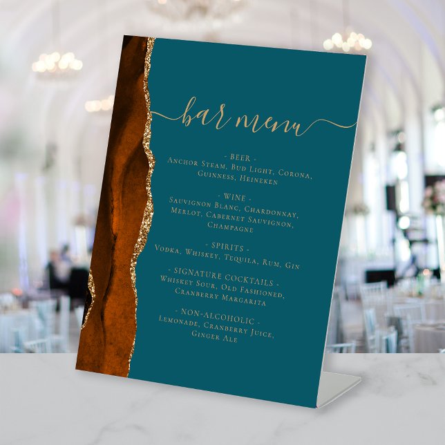 Wedding Bar Menu Burnt Orange Gold Agate Teal Pedestal Sign (Creator Uploaded)