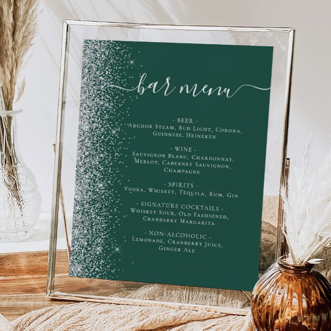Wedding Bar Menu Dark Green Silver Glitter Poster (Creator Uploaded)