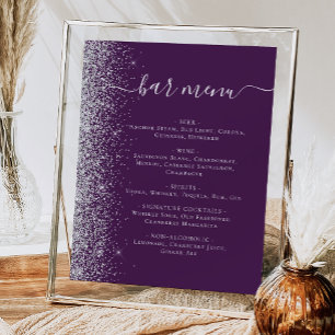 Wedding Bar Menu Dark Purple Silver Glitter Poster