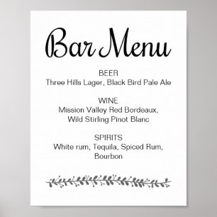 Wedding Bar Menu Elegant Reception Sign