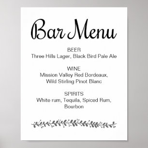 Wedding Bar Menu Elegant Reception Sign