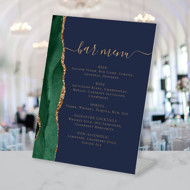 Wedding Bar Menu Emerald Green Agate Navy Blue Pedestal Sign (Creator Uploaded)