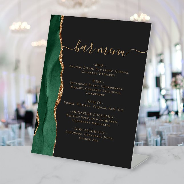 Wedding Bar Menu Emerald Green Gold Agate Dark Pedestal Sign (Creator Uploaded)