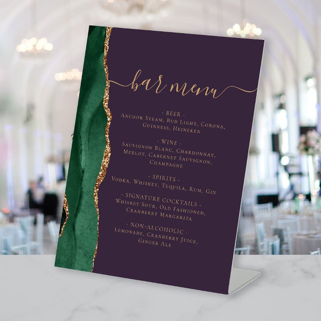 Wedding Bar Menu Emerald Green Gold Agate Purple Pedestal Sign (Creator Uploaded)