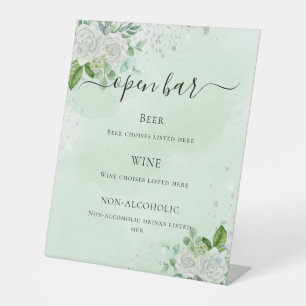Wedding bar menu floral eucalyptus green pedestal sign