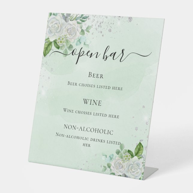 Wedding bar menu floral eucalyptus green pedestal sign (Front)