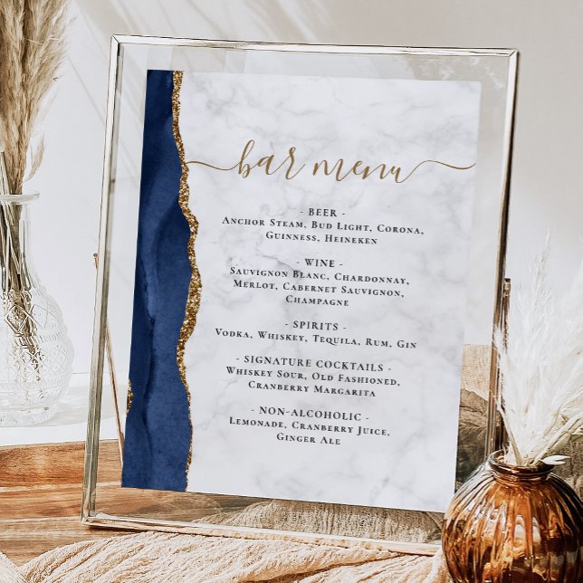 Wedding Bar Menu Navy Blue Agate Marble Poster (Creator Uploaded)