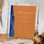 Wedding Bar Menu Navy Blue Gold Agate Rust Poster<br><div class="desc">An elegant sign for your wedding bar menu. The words "bar menu" appears in gold-coloured handwriting calligraphy with swashes at the beginning and end, with customisable text below. A navy blue watercolor agate design trimmed with gold faux glitter decorates the left border on a burnt orange or rust background. See...</div>