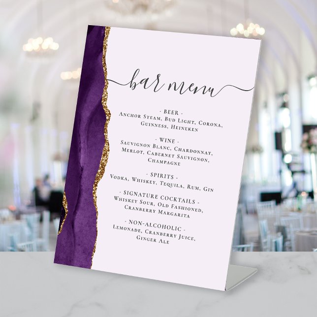 Wedding Bar Menu Purple Gold Agate Lavender Pedestal Sign (Creator Uploaded)