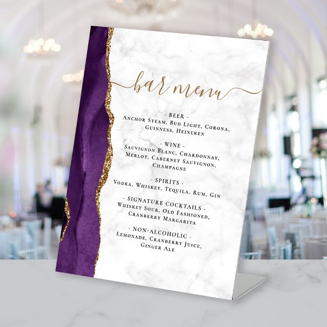 Wedding Bar Menu Purple Gold Agate Marble Pedestal Sign (Creator Uploaded)