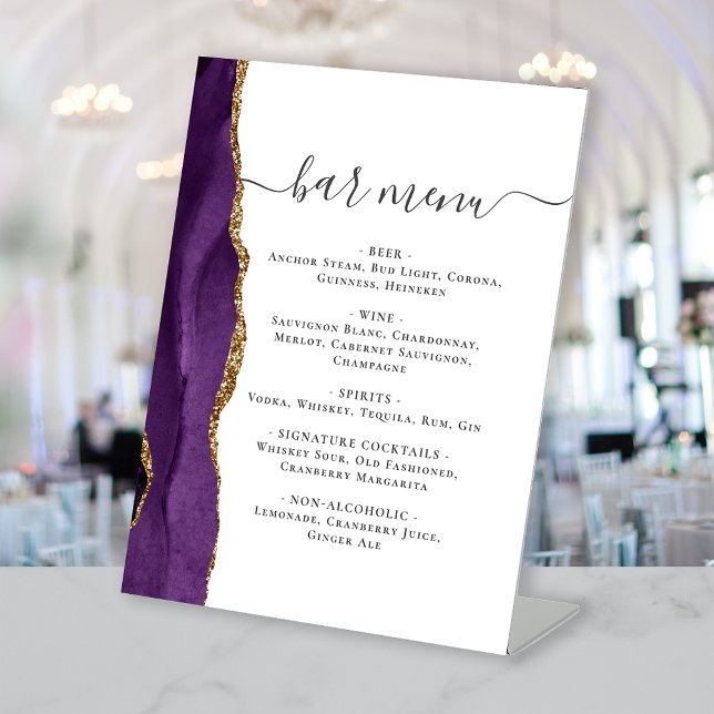 Wedding Bar Menu Purple Gold Agate Pedestal Sign (Creator Uploaded)