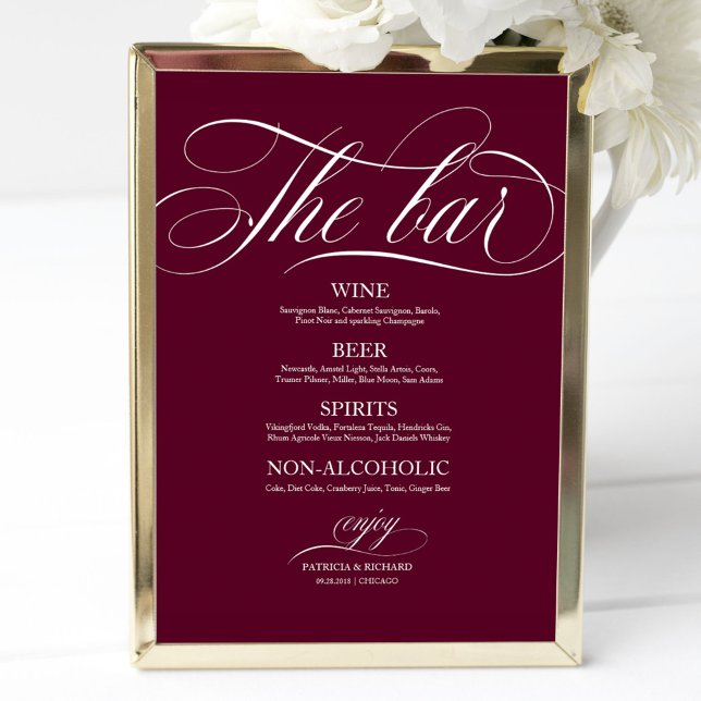 Wedding Bar Menu Sign Chic Burgundy Marsala (Creator Uploaded)