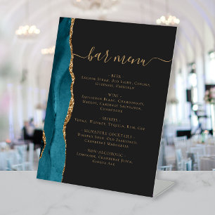 Wedding Bar Menu Teal Blue Gold Agate Dark Pedestal Sign