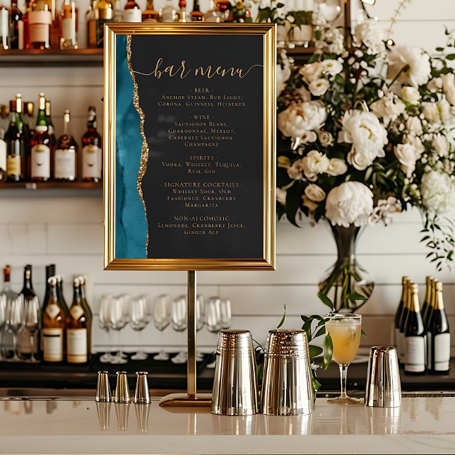Wedding Bar Menu Teal Blue Gold Agate Dark Poster (Creator Uploaded)