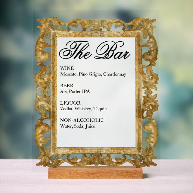 Wedding Bar Sign - Gold Frame Acrylic Display (Neutral)