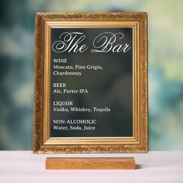 Wedding Bar Sign - Gold Frame Acrylic Display (Neutral)