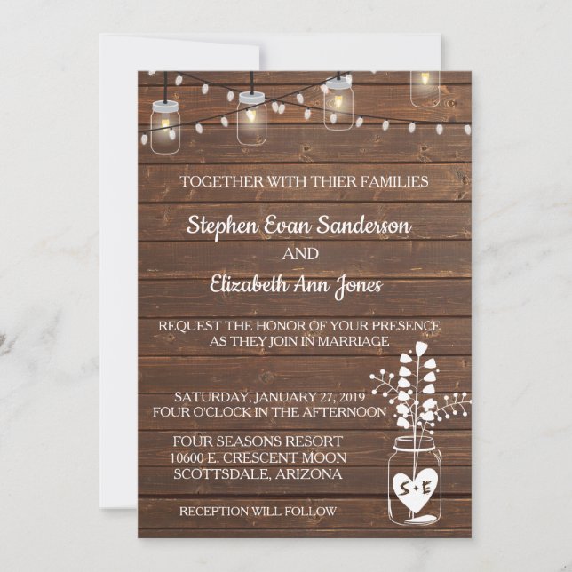 Wedding Barn Mason Jar Classic Wood Rustic Lights Invitation (Front)