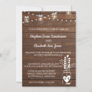 Wedding Barn Mason Jar Classic Wood Rustic Lights Invitation