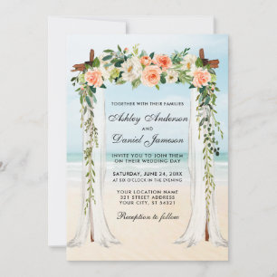 Wedding Beach Canopy Watercolor Coral Floral Invitation