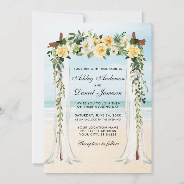 Wedding Beach Canopy Watercolor Floral Yellow Gold Invitation (Front)