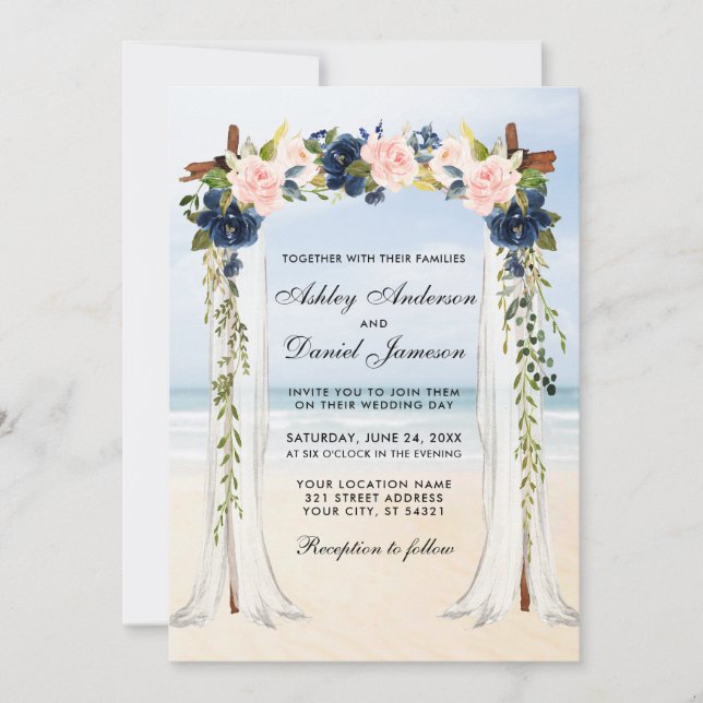 Wedding Beach Canopy Watercolor Pink Blue Floral Invitation (Front)