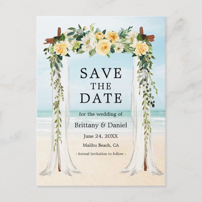 Wedding Beach Canopy Watercolor Yellow Floral Announcement Postcard (Front)
