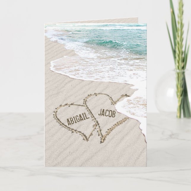Wedding Beach Hearts In Sand With Surf and Names Card (Front)