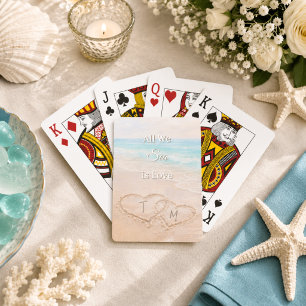 Wedding Beach Hearts Sand Monogrammed Playing Cards