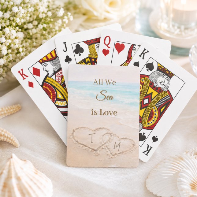 Wedding Beach Hearts Sand Monogrammed  Playing Cards (Creator Uploaded)